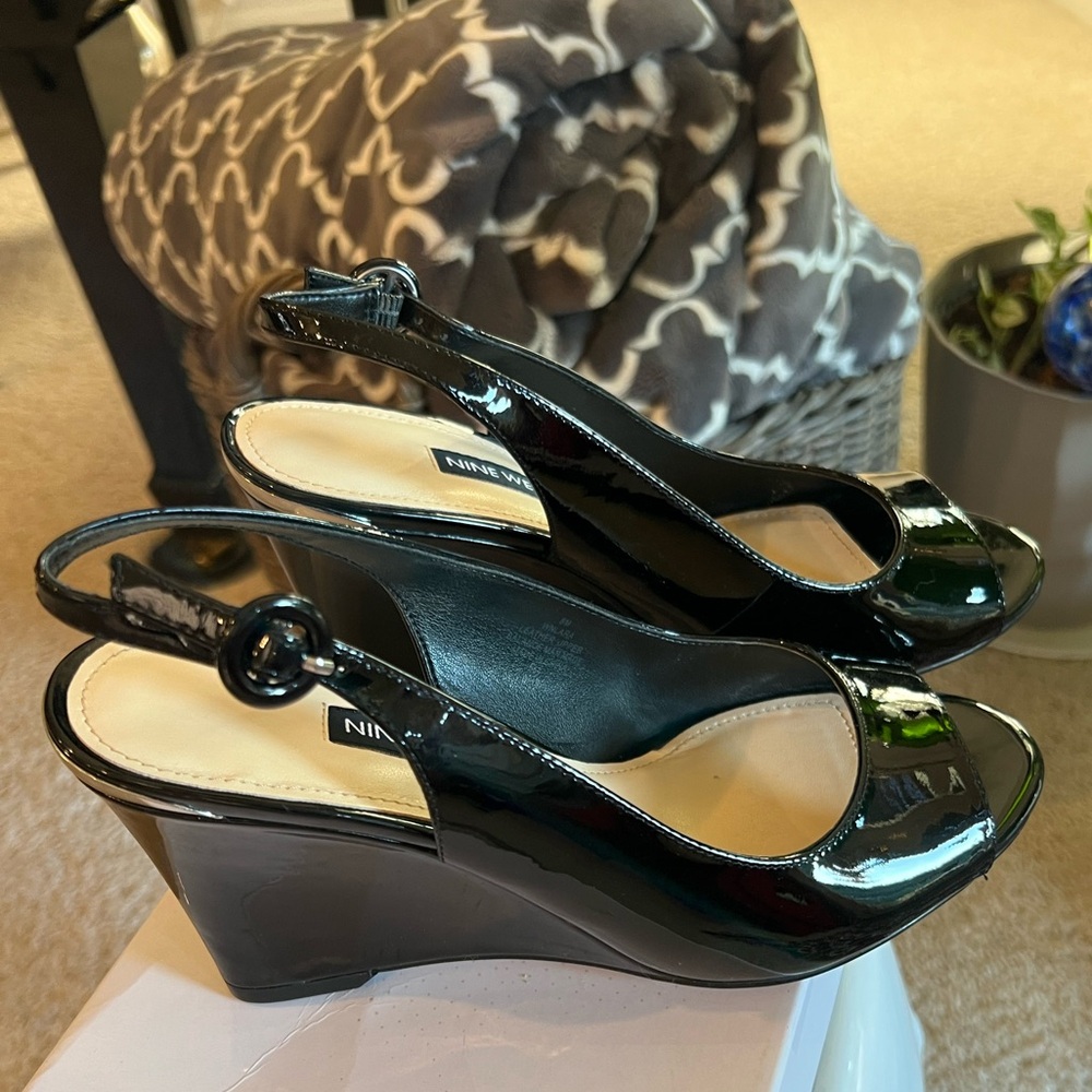 Nine West Lara Black Patent Wedge Slingback Open Toe Shoe